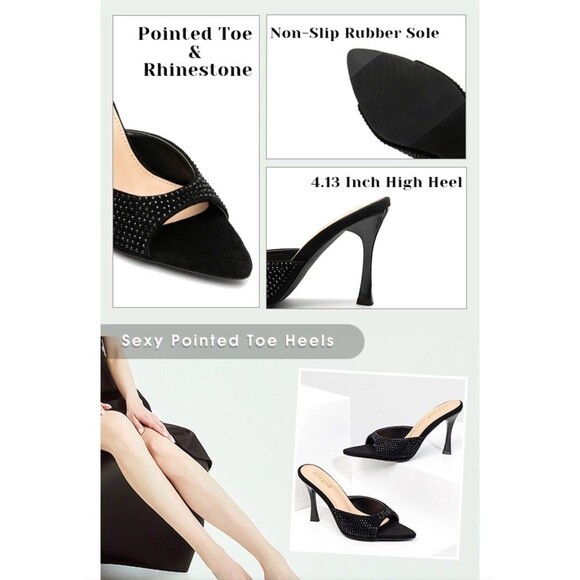 Girgod Rhinestone Black Heels for Women’s Open Pointed Toe Size 10 Dressy Pumps - Picture 8 of 11